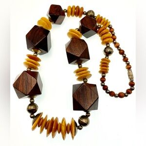 Vintage Chunky Wooden Beaded Statement Necklace Geometric Beads
